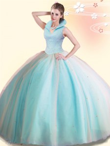 Affordable Backless High-neck Sleeveless Quince Ball Gowns Floor Length Beading Aqua Blue Tulle
