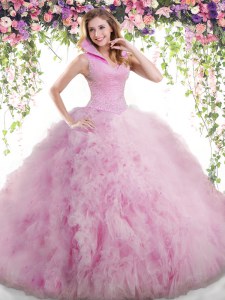 Glorious Backless Floor Length Lilac Sweet 16 Dress Tulle Sleeveless Beading and Ruffles