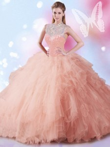 Floor Length Peach Quince Ball Gowns Tulle Sleeveless Beading and Ruffles and Sequins