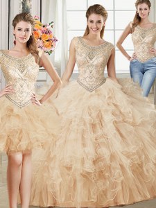 Beauteous Three Piece Scoop Champagne Sleeveless Floor Length Beading and Ruffles Lace Up Vestidos de Quinceanera