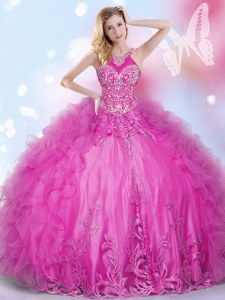 Spectacular Hot Pink Ball Gowns Tulle Halter Top Sleeveless Beading and Appliques and Ruffles Floor Length Lace Up Quinceanera Gowns