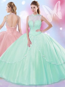 Wonderful Apple Green Ball Gowns Tulle High-neck Sleeveless Beading Floor Length Lace Up 15 Quinceanera Dress
