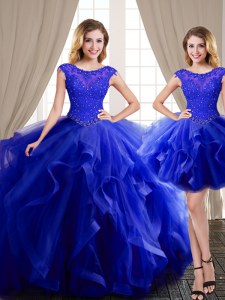 Three Piece Scoop Cap Sleeves With Train Beading and Appliques and Ruffles Lace Up Ball Gown Prom Dress with Royal Blue Brush Train