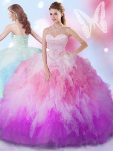 Luxury Multi-color Ball Gowns Tulle Sweetheart Sleeveless Beading and Ruffles Floor Length Lace Up Vestidos de Quinceanera