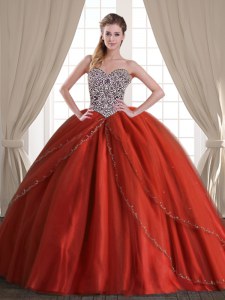 Beauteous Rust Red Ball Gowns Tulle Sweetheart Sleeveless Beading With Train Lace Up Quinceanera Dresses Brush Train