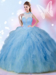 Fashion Floor Length Baby Blue Quinceanera Gown High-neck Sleeveless Lace Up