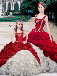 Custom Designed White And Red Ball Gowns Straps Sleeveless Organza and Taffeta With Brush Train Lace Up Beading and Ruffles and Pick Ups Quinceanera Dress
