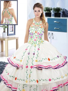 Halter Top Floor Length White Sweet 16 Dresses Organza and Taffeta Sleeveless Embroidery and Ruffled Layers