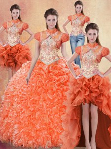 Four Piece Orange Red Ball Gowns Straps Sleeveless Organza With Brush Train Lace Up Beading and Ruffles Ball Gown Prom Dress