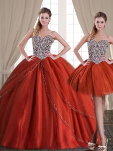 Three Piece Rust Red Sweetheart Neckline Beading Quinceanera Gowns Sleeveless Lace Up