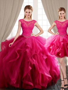 Three Piece Scoop Cap Sleeves Tulle Sweet 16 Quinceanera Dress Beading and Appliques and Ruffles Brush Train Lace Up