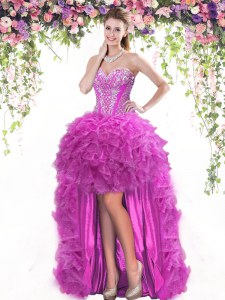 Artistic Sleeveless High Low Beading and Ruffles Lace Up Dress for Prom with Fuchsia