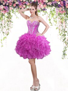 Fashion Mini Length Lace Up Dress for Prom Fuchsia for Prom and Party with Beading and Ruffles