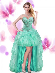 Stunning Beading and Ruffles Prom Dresses Turquoise Lace Up Sleeveless High Low