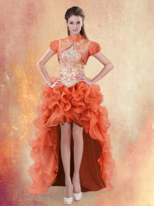 Straps Beading and Ruffles Prom Evening Gown Orange Red Lace Up Sleeveless High Low