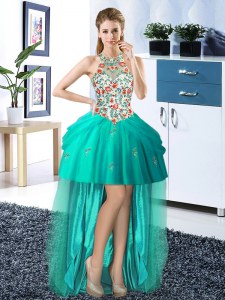 Turquoise Halter Top Lace Up Embroidery and Pick Ups Evening Dress Sleeveless