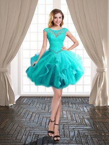 Turquoise Lace Up Scoop Beading and Ruffles Prom Dresses Tulle Cap Sleeves