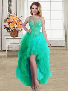 Cute Ball Gowns Pageant Dress Womens Turquoise Scoop Tulle Sleeveless High Low Lace Up