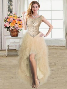 Vintage Scoop Champagne Sleeveless Tulle Lace Up Prom Evening Gown for Prom and Party