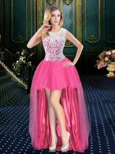 Fantastic Scoop Sleeveless High Low Beading Zipper Dress for Prom with Hot Pink Brush Train