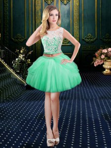Designer Apple Green Prom and Party and For with Lace Scoop Sleeveless Clasp Handle