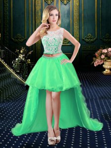 A-line Organza Scoop Sleeveless Lace High Low Clasp Handle Prom Evening Gown