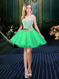 Enchanting A-line Organza Scoop Sleeveless Beading and Lace and Appliques Mini Length Lace Up Homecoming Dress