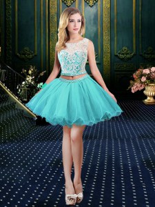 Scoop Aqua Blue Clasp Handle Prom Gown Lace Sleeveless Mini Length