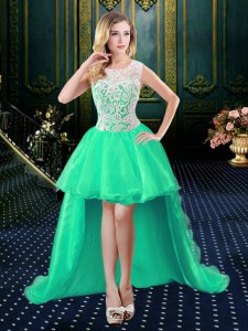 Amazing Turquoise Organza and Lace Zipper Scoop Sleeveless High Low Prom Evening Gown Lace
