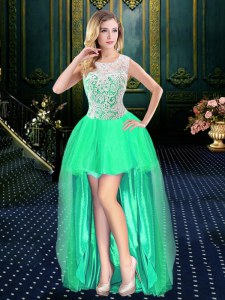 Glorious Scoop Turquoise A-line Beading Prom Gown Clasp Handle Organza Sleeveless High Low