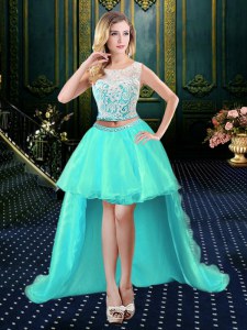 Aqua Blue Scoop Neckline Lace Prom Dress Sleeveless Clasp Handle