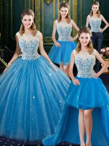 Four Piece Tulle Sleeveless Floor Length Quinceanera Gowns Brush Train and Lace
