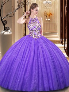 Scoop Backless Tulle Sleeveless Floor Length 15 Quinceanera Dress and Embroidery and Sequins