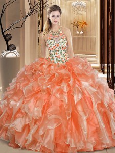 Scoop Backless Organza Sleeveless Floor Length 15th Birthday Dress and Embroidery and Ruffles