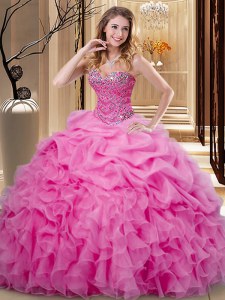 Fabulous Rose Pink Ball Gowns Beading and Ruffles and Pick Ups Quince Ball Gowns Lace Up Organza Sleeveless Floor Length