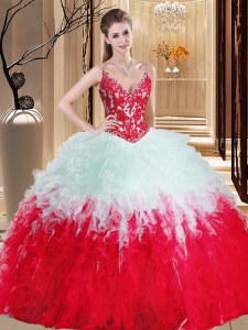 White And Red Straps Lace Up Appliques and Ruffles Quinceanera Dress Sleeveless