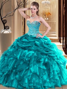 Attractive Teal Lace Up Quinceanera Dress Beading and Pick Ups Sleeveless Floor Length