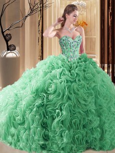 Turquoise Lace Up Sweet 16 Dress Embroidery and Ruffles Sleeveless Court Train