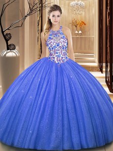 Blue High-neck Neckline Lace and Appliques Quinceanera Dress Sleeveless Lace Up