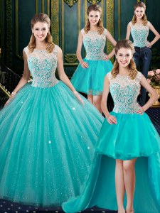 Superior Four Piece Floor Length Zipper Ball Gown Prom Dress Aqua Blue for Military Ball and Sweet 16 and Quinceanera with Lace