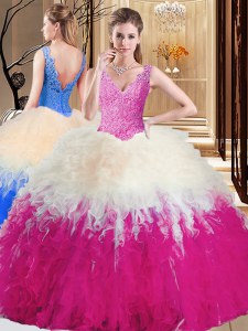 Ball Gowns Sweet 16 Dress Multi-color V-neck Tulle Sleeveless Floor Length Zipper