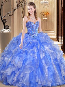 Beading and Embroidery and Ruffles 15th Birthday Dress Blue Lace Up Sleeveless Floor Length