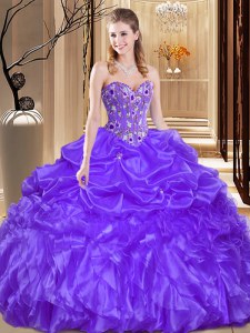 Dramatic Floor Length Purple Quinceanera Dresses Organza Sleeveless Beading and Embroidery