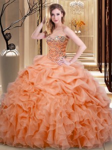 Fitting Orange Sleeveless Floor Length Beading and Ruffles and Pick Ups Lace Up Quinceanera Gowns