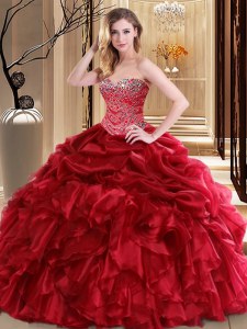 Red Quince Ball Gowns Military Ball and Sweet 16 and Quinceanera and For with Beading and Pick Ups Sweetheart Sleeveless Lace Up