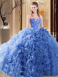 Sleeveless Embroidery and Ruffles Lace Up Quince Ball Gowns with Blue Court Train