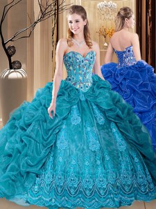 Custom Design Teal Ball Gowns Embroidery and Pick Ups 15 Quinceanera Dress Lace Up Organza Sleeveless Floor Length