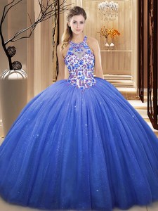 Floor Length Blue 15th Birthday Dress Tulle Sleeveless Lace and Appliques