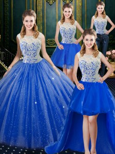 Custom Made Four Piece Royal Blue Ball Gowns Lace 15 Quinceanera Dress Zipper Tulle Sleeveless Floor Length