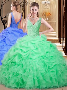 Organza V-neck Sleeveless Backless Lace and Appliques and Pick Ups Quinceanera Dresses in Apple Green